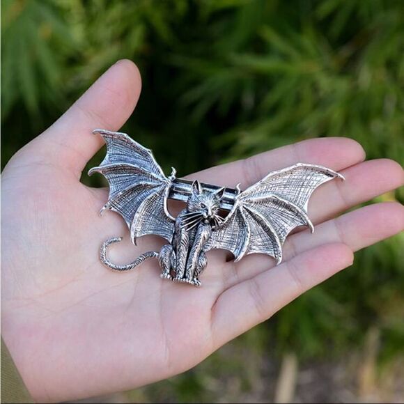 Gothic Cat With Bat Wings Hair Clip, Silver Color, Great Hold, Sturdy - Picture 3 of 3